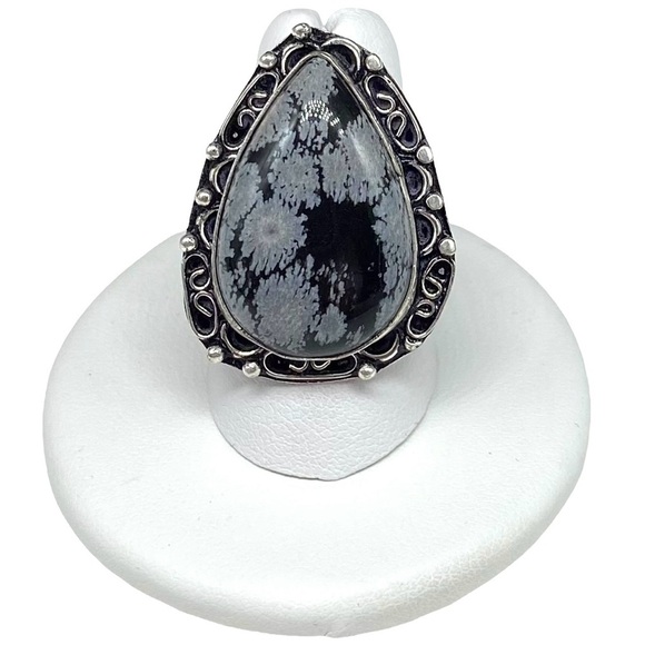 Snowflake Obsidian Ring Size 7.5 925 Sterling Silver Overlay Black Gray Stone - Picture 2 of 5